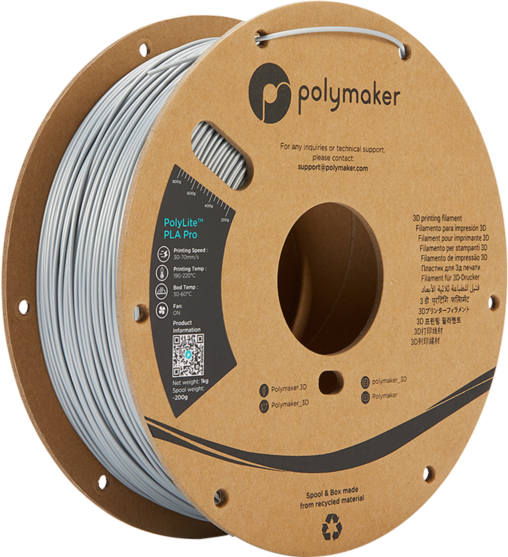 Polymaker  PolyLite PLA PRO Silver, 1,75 mm / 1000 g    PLA Filament mit exzellenten Eigenschaften für FDM Drucker