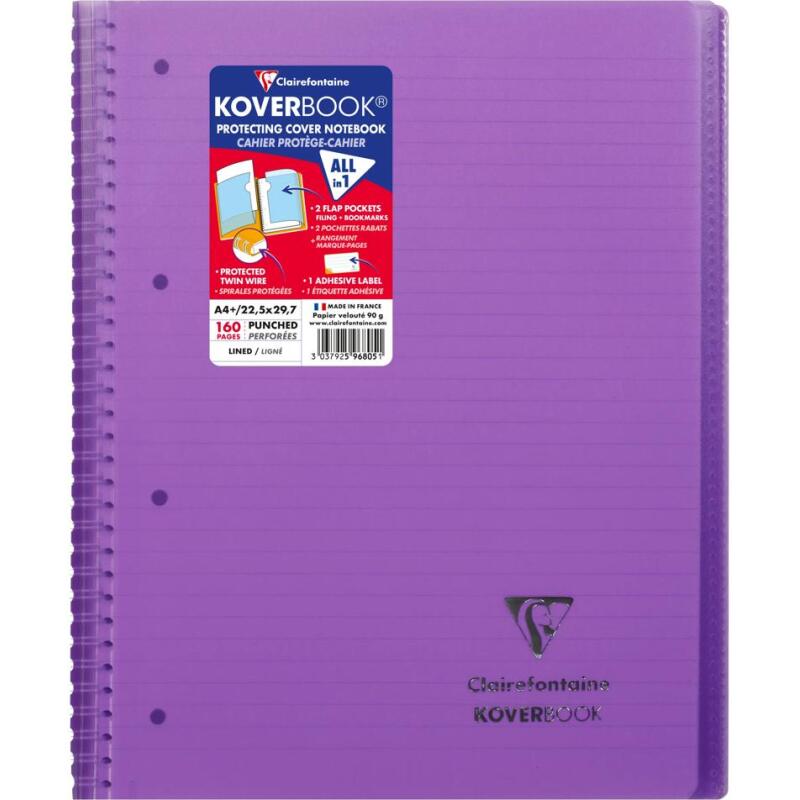 Cahier reliure intégrale enveloppante Koverbook A4+ 160 pages ligné + marge détachables perforé 4 trous couverture polypropylène transparent - Violet