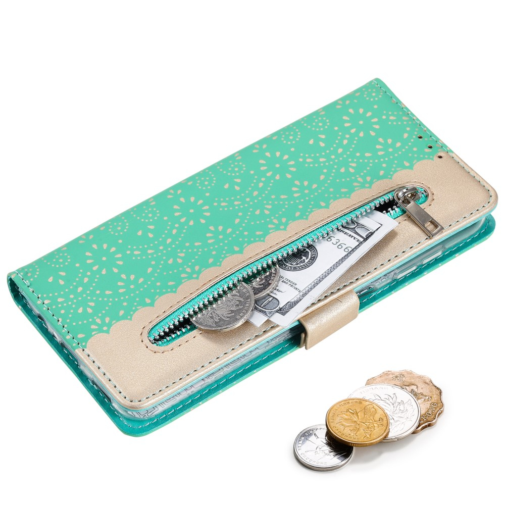 Samsung Galaxy A54 5G Leder Tasche Flip Cover mit Reissverschluss - Türkis / Gold