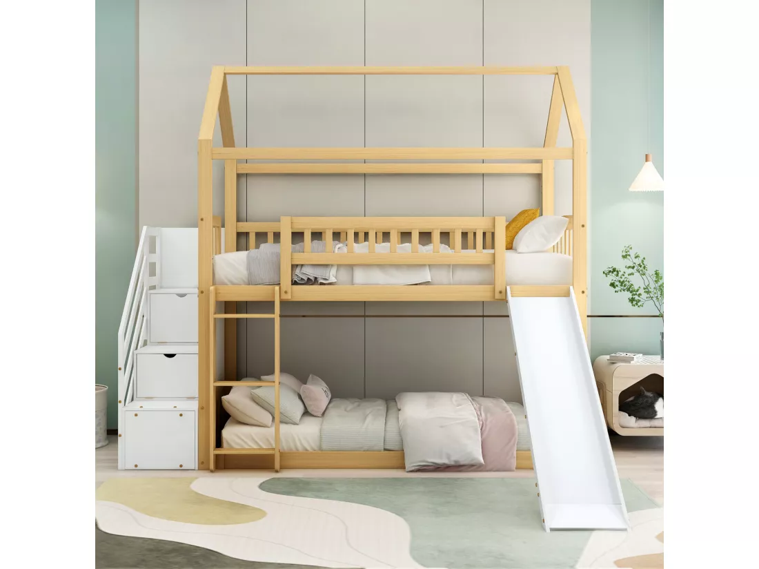 Lit superposé 2x90x200cm, lit cabane enfnat avec toboggan,avec 3 escaliers de rangement, cadre en bois, naturel+blanc