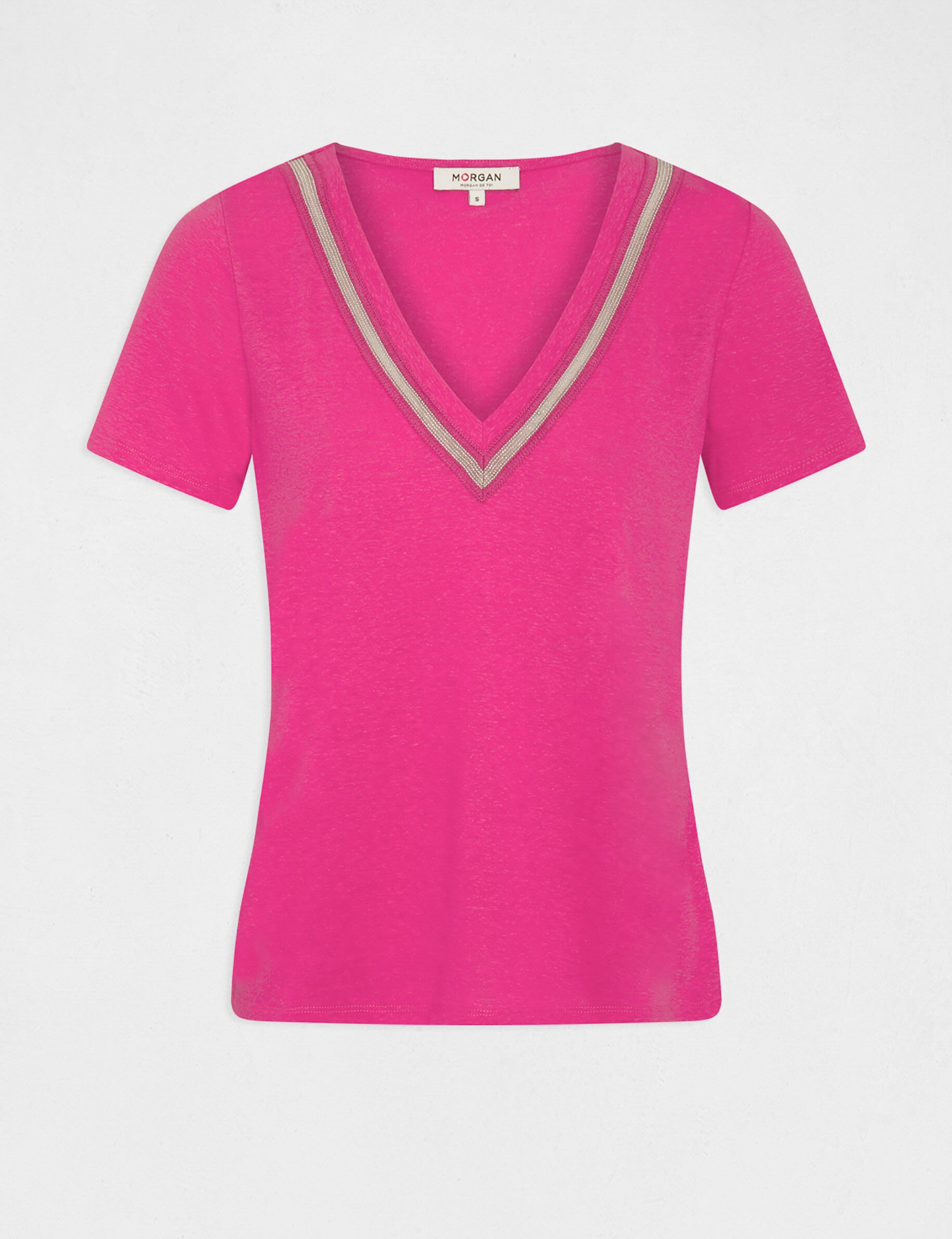 T-shirt manches courtes à détails bijoux rose fonce femme - rose_fonce