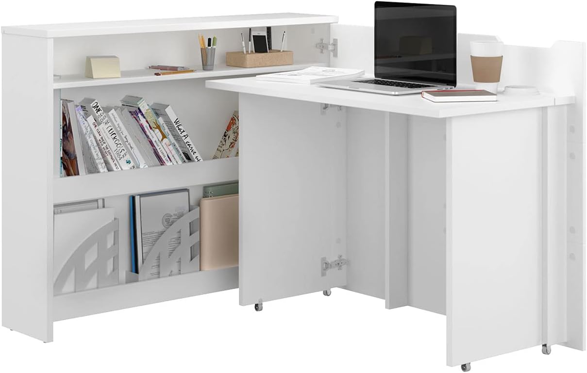 Mirjan24 Schreibtisch Ausziehbarer Work Concept, Eckschreibtisch, Arbeitstisch Computertisch, Eckschreibtisch, Winkelschreibtisch, Moderner Schranktisch (Weiß, Seite: Rechts)