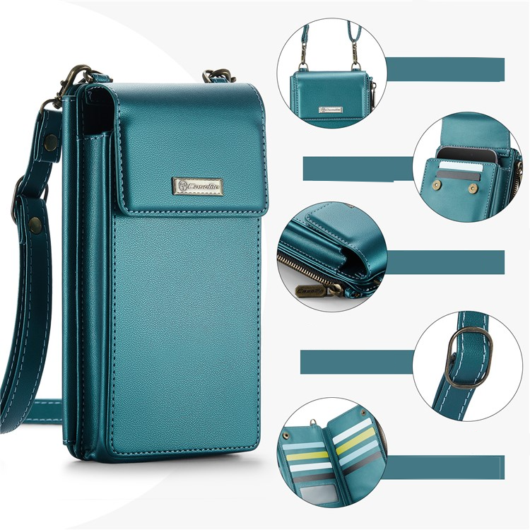 (17x10x3cm) Universal Handy Leder Umhängetasche Portemonnaie Fashion Crossbody Bag (RFID Schutz) - Petrol