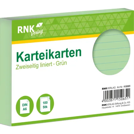 RNK Verlag 100 Karteikarten DIN A6 grün liniert