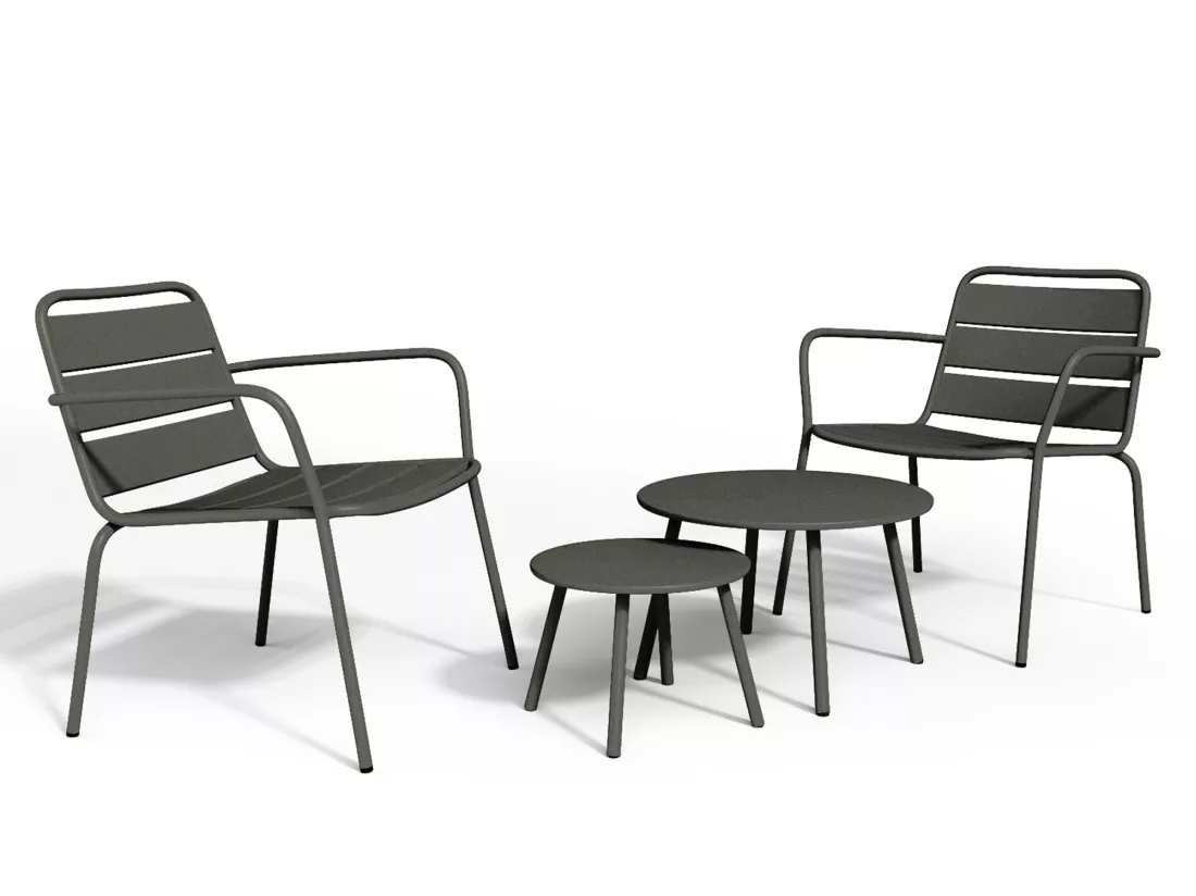 Salon de jardin en métal - 2 fauteuils bas empilables et tables gigognes - Gris anthracite - MIRMANDE de MYLIA