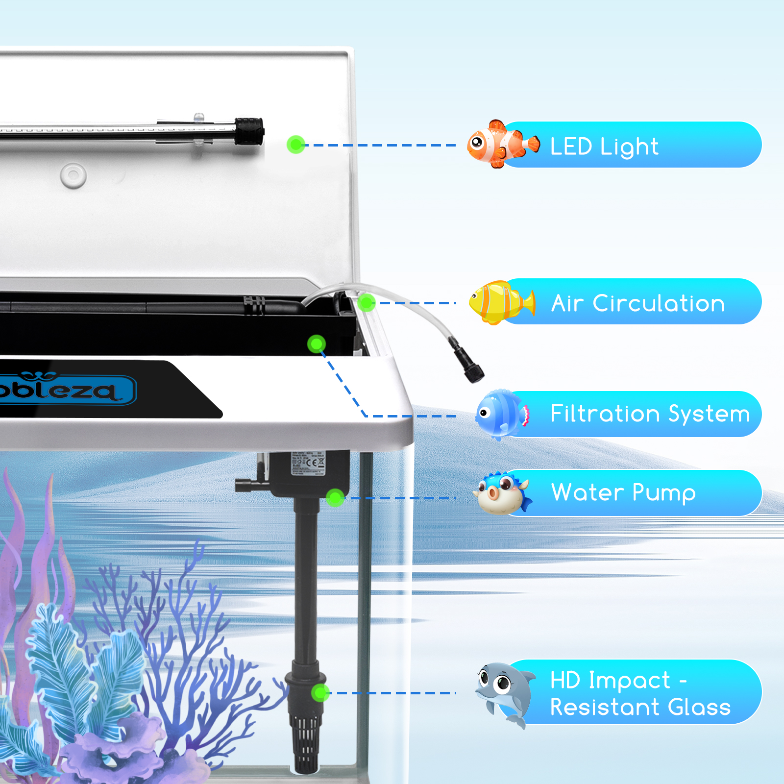 Aquários completos Nobleza - 54L, aquários de vidro com sistema de filtragem e iluminação LED, aquários para iniciantes, branco