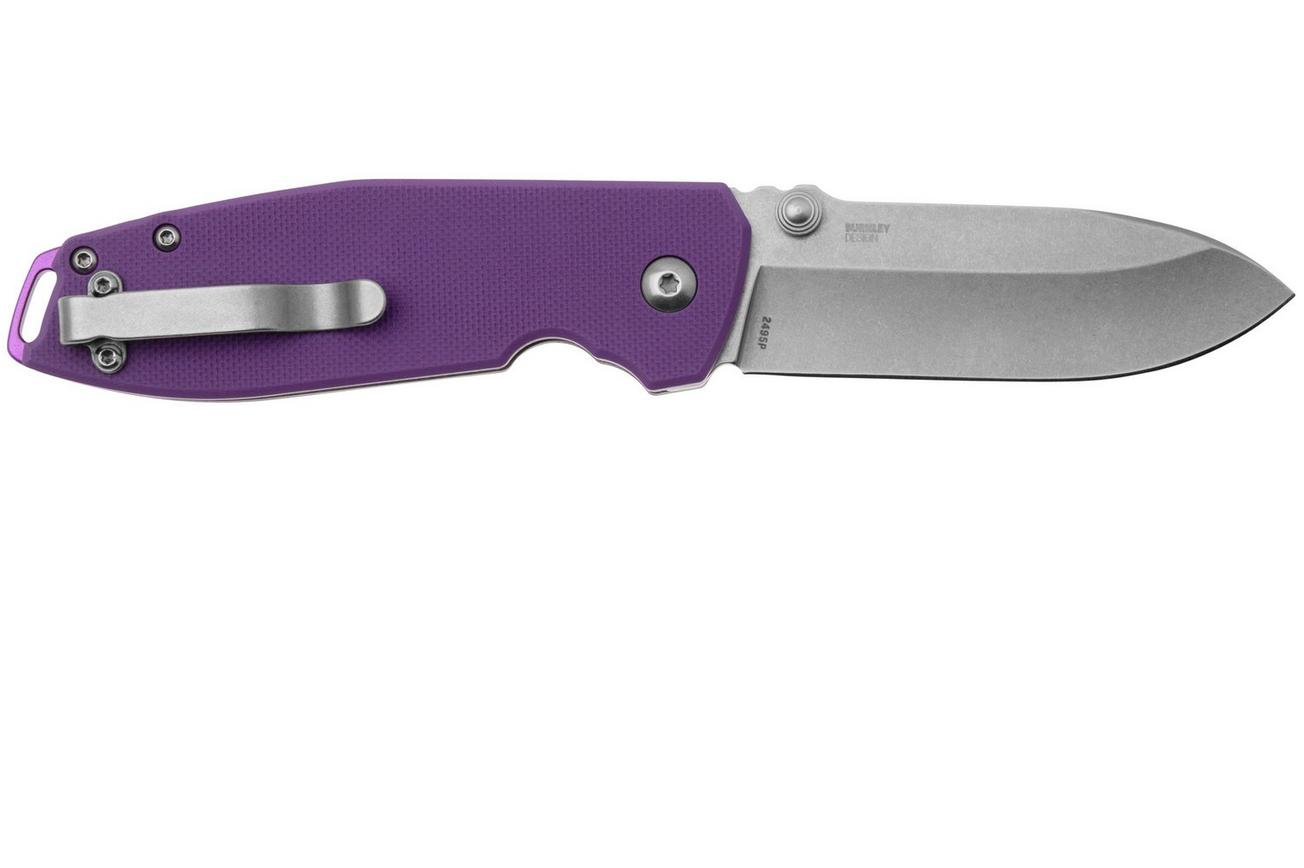 CRKT Squid XM Button Lock 2495P Stonewashed 14C28N, Violet G10, zakmes, Lucas Burnley design