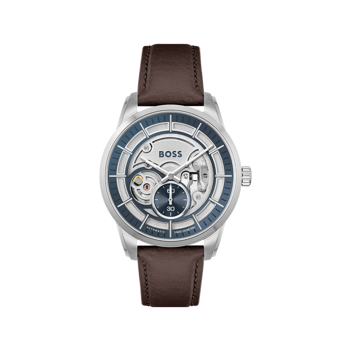 Montre Boss homme automatique acier bracelet cuir marron