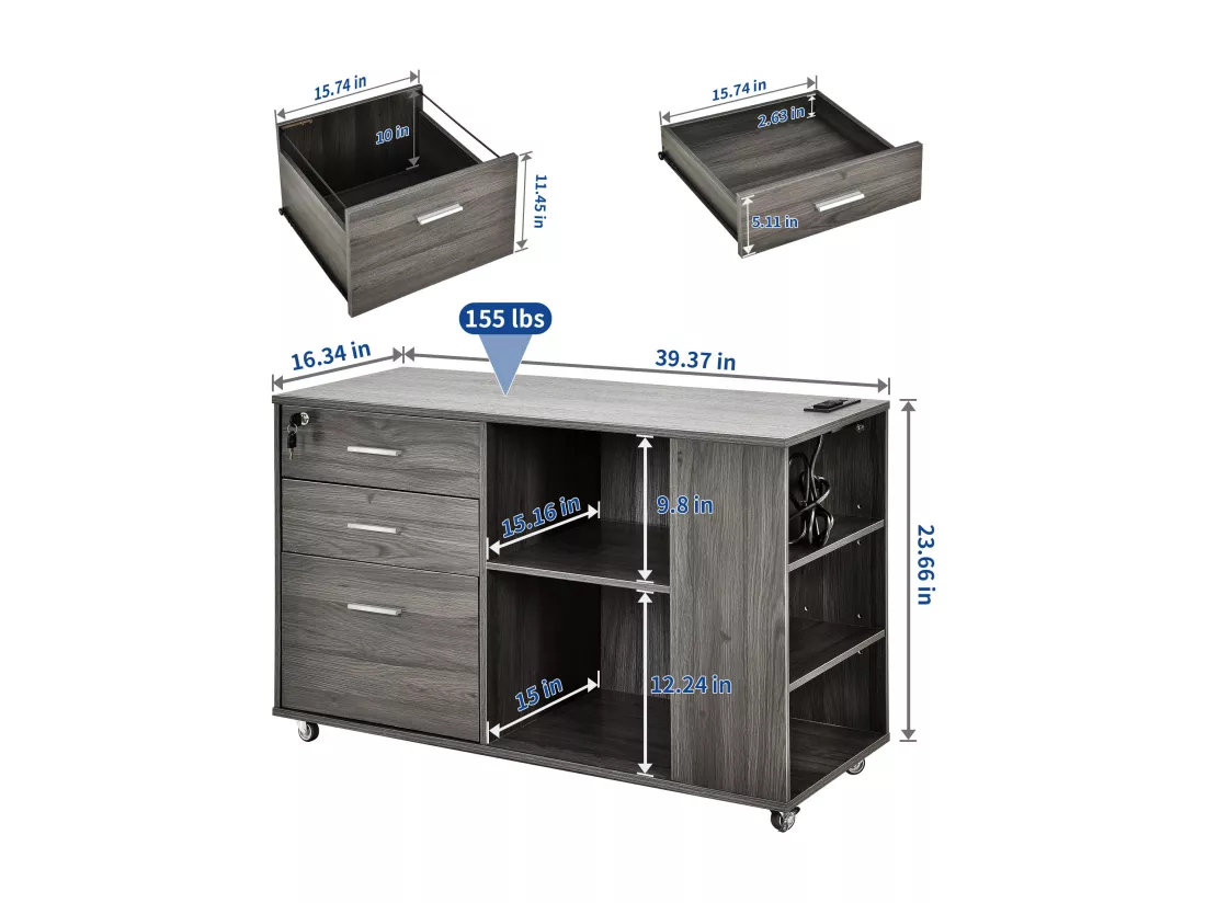 YITAHOME Classeur Mobile à 3 Tiroirs avec Insertion de Rangées et Espace de Rangement Ouvert, Gris
