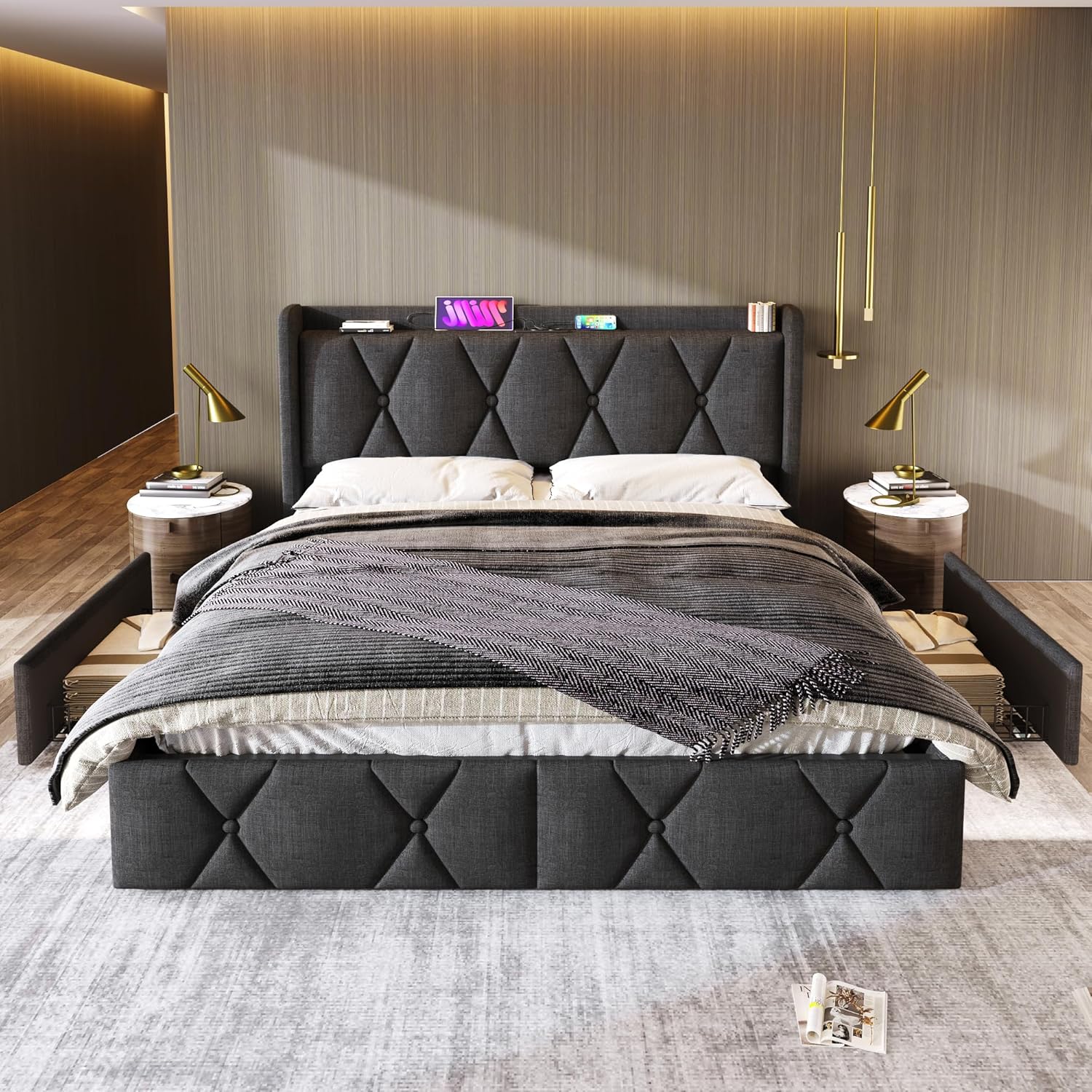 Merax Polsterbett Doppelbett mit USB-Ladefunktion und 4 Schubladen – Doppelbett 160x200cm, Stauraumbett mit Holzlattenrost in stilvollem Grau (Ohne Matratze)