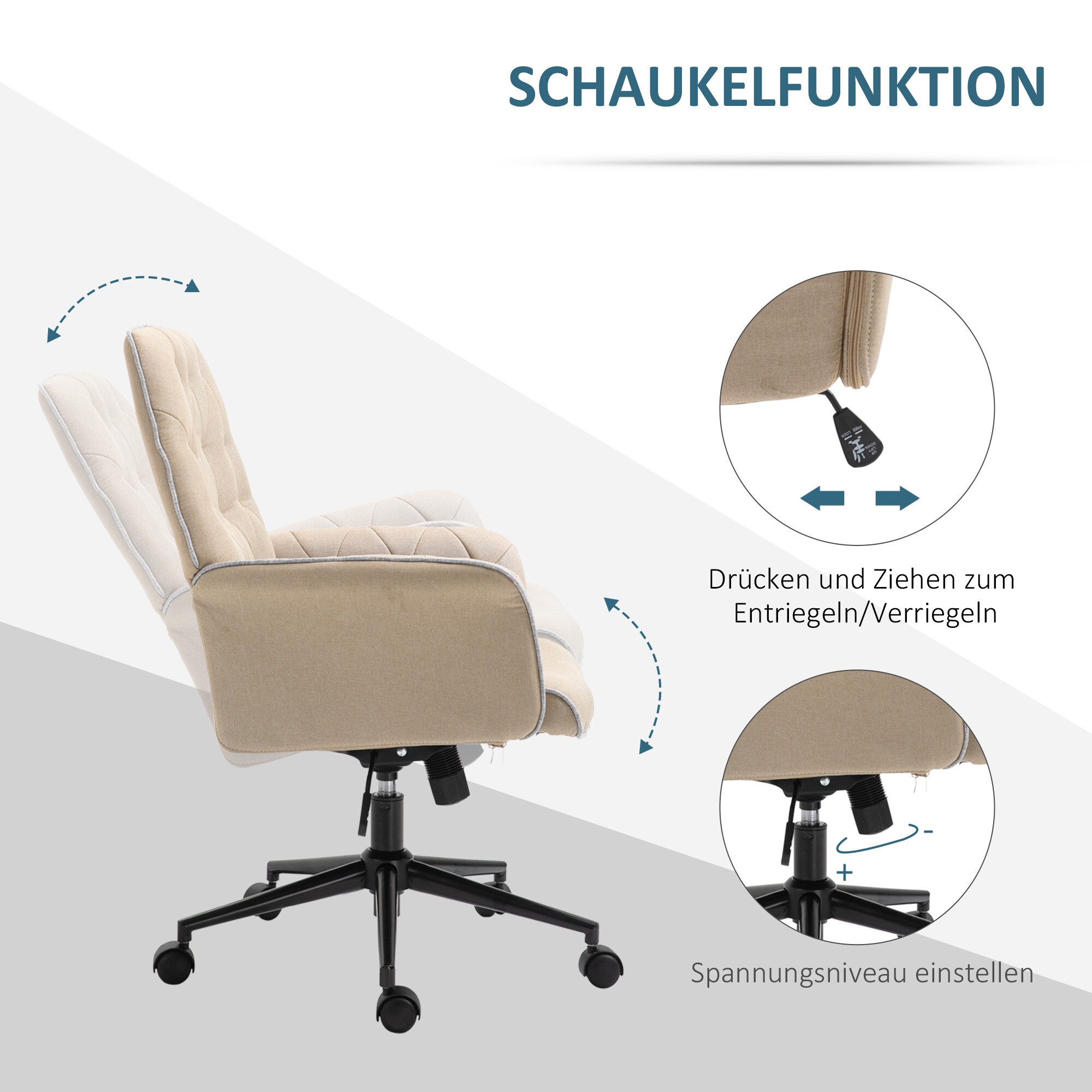 HOMCOM Bürostuhl mit Wippfunktion, aus Webstoff und Polyester, gemütlich 66 x 69 x 89,5-97Hcm (BxTxH)