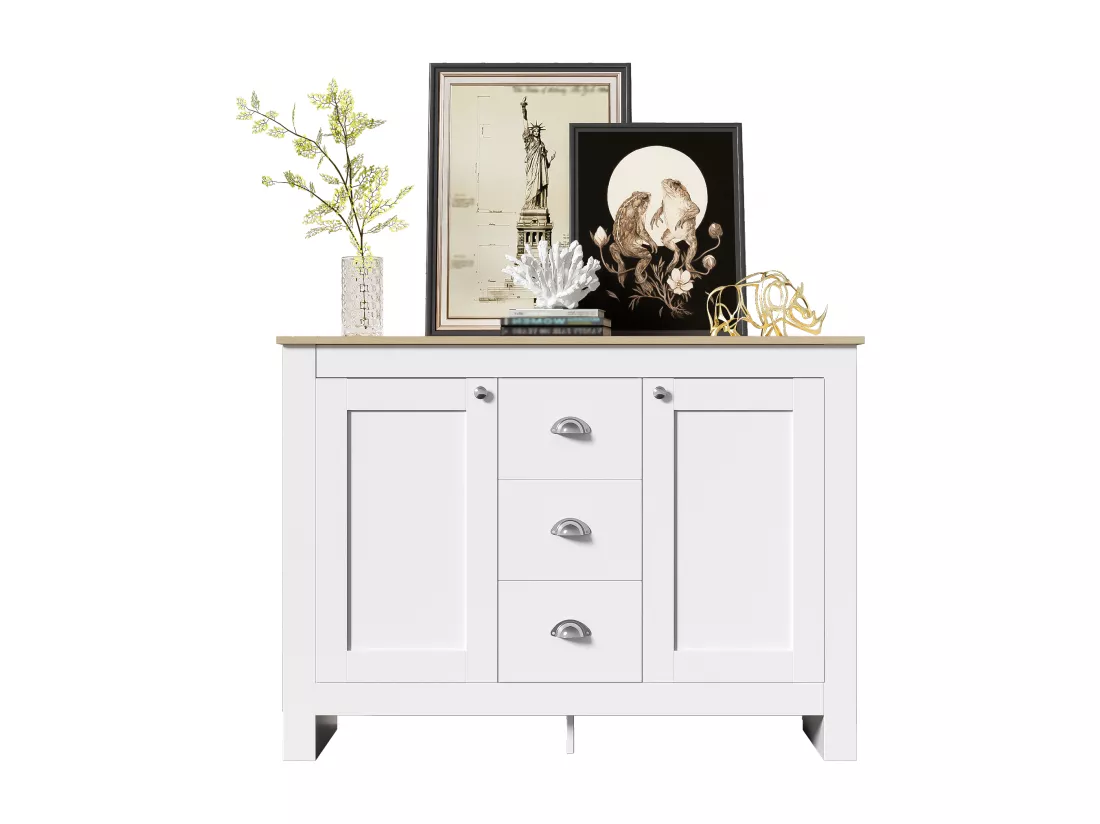 Buffet en bois blanc chaud avec 2 portes et 3 tiroirs,d116cm×h81cm