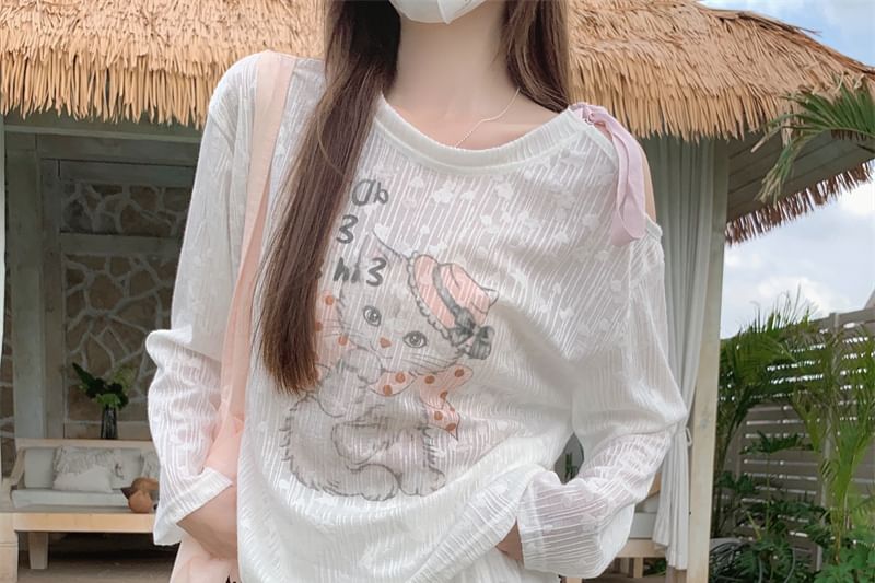 Tel tot 10 - T-shirt met lange mouwen en kattenprint en strik