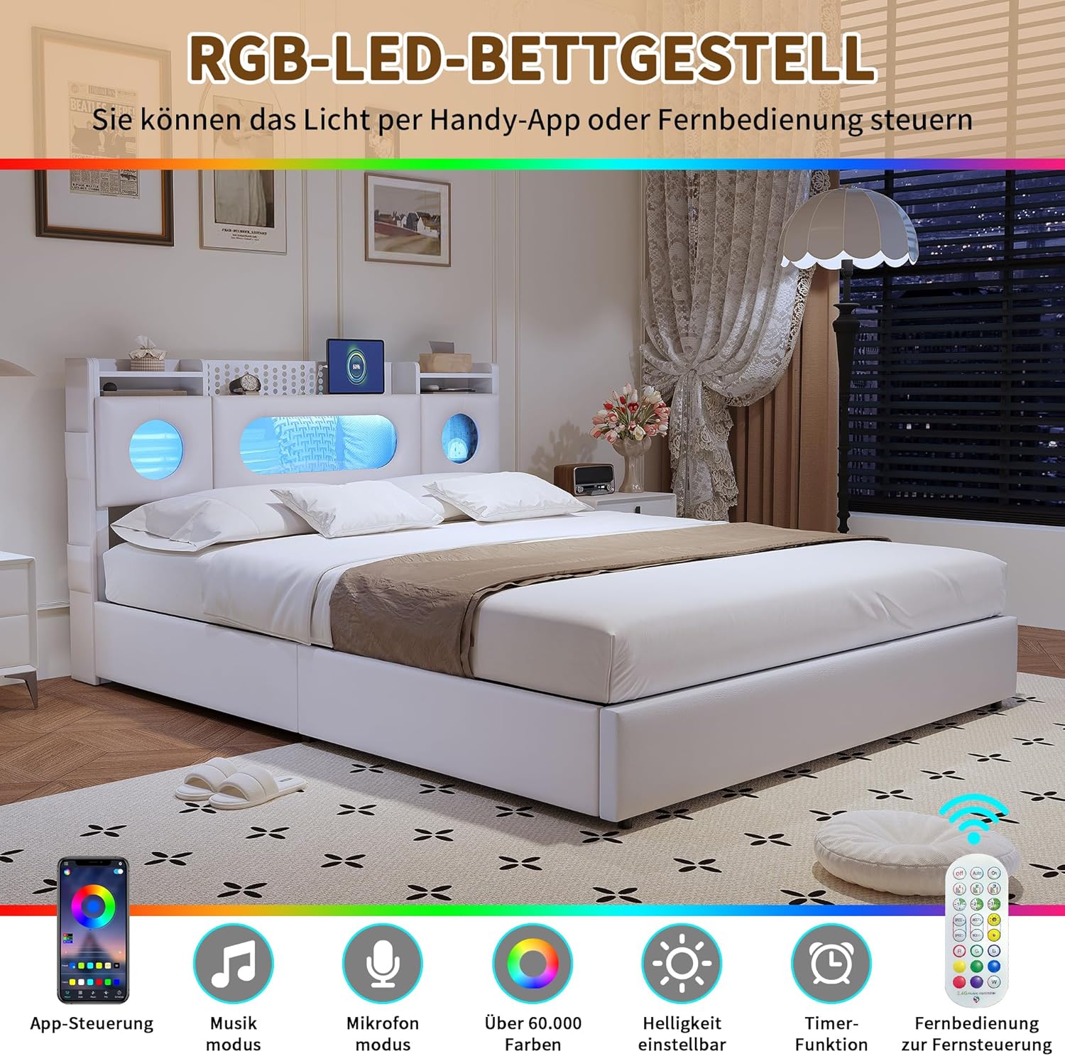 Polsterbett 160x200 mit mit Stauraum, Bett mit LED-Beleuchtung, USB-Anschluss, Eingebauter Stauraum im Kopfteil, Lattenrost, jugendbett, Hydraulisch Stauraumbett, Weiß, PU-Leder