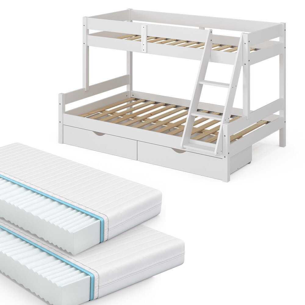 VitaliSpa Hochbett Kinderbett Spielbett Everest Weiß modern 120x200 Massivholz Kinderzimmer Bett Lattenrost Bettleiter Kletterbett Doppelbett Geschwisterbett Bettschublade Rollschublade Matratze