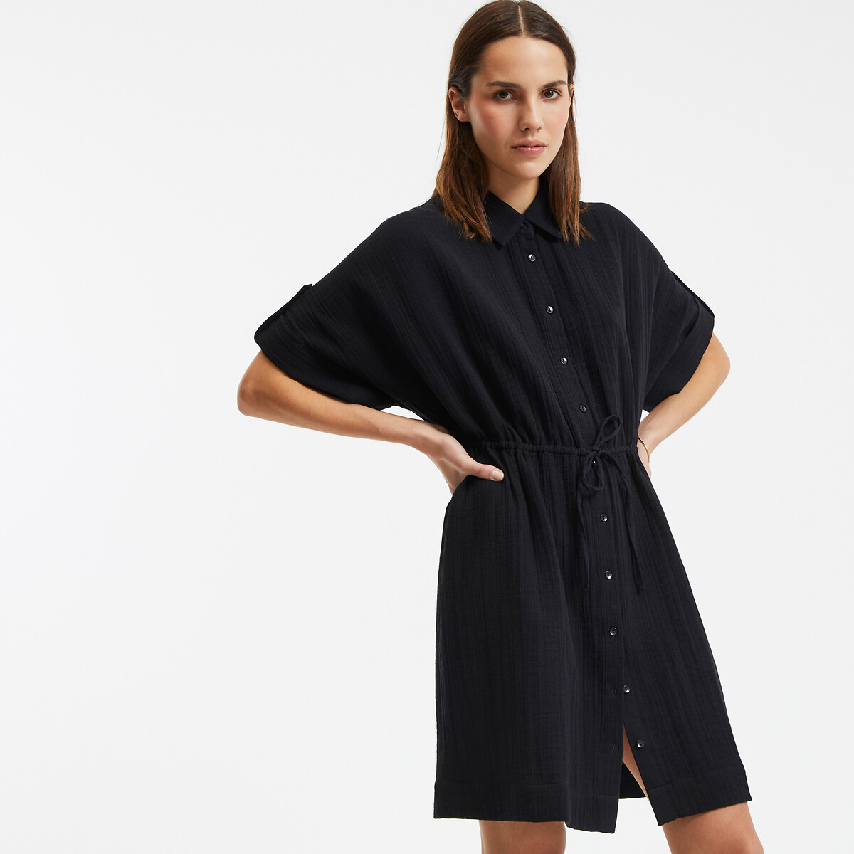 COLEÇÃO LA REDOUTE<br>Vestido camisa curto e evasê com mangas curtas