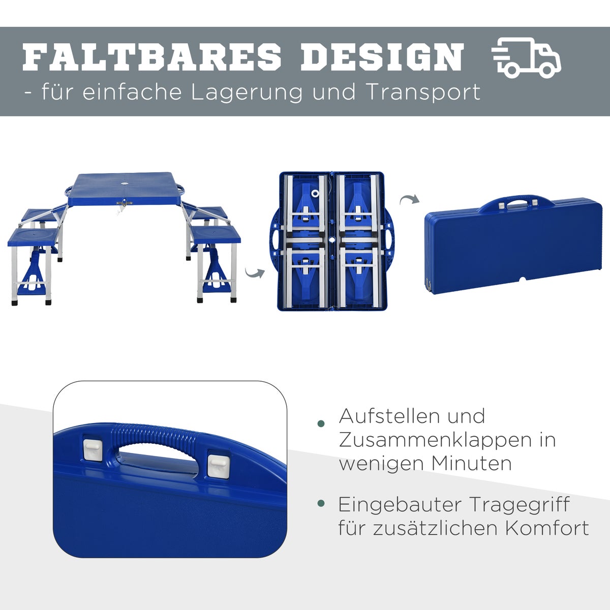 Outsunny Aluminium Kampeertafel, Picknickbank, met 4 Zitplaatsen, Opvouwbaar, 135,5 x 84,5 x 66 cm, Aluminium, Kunststof, Blauw