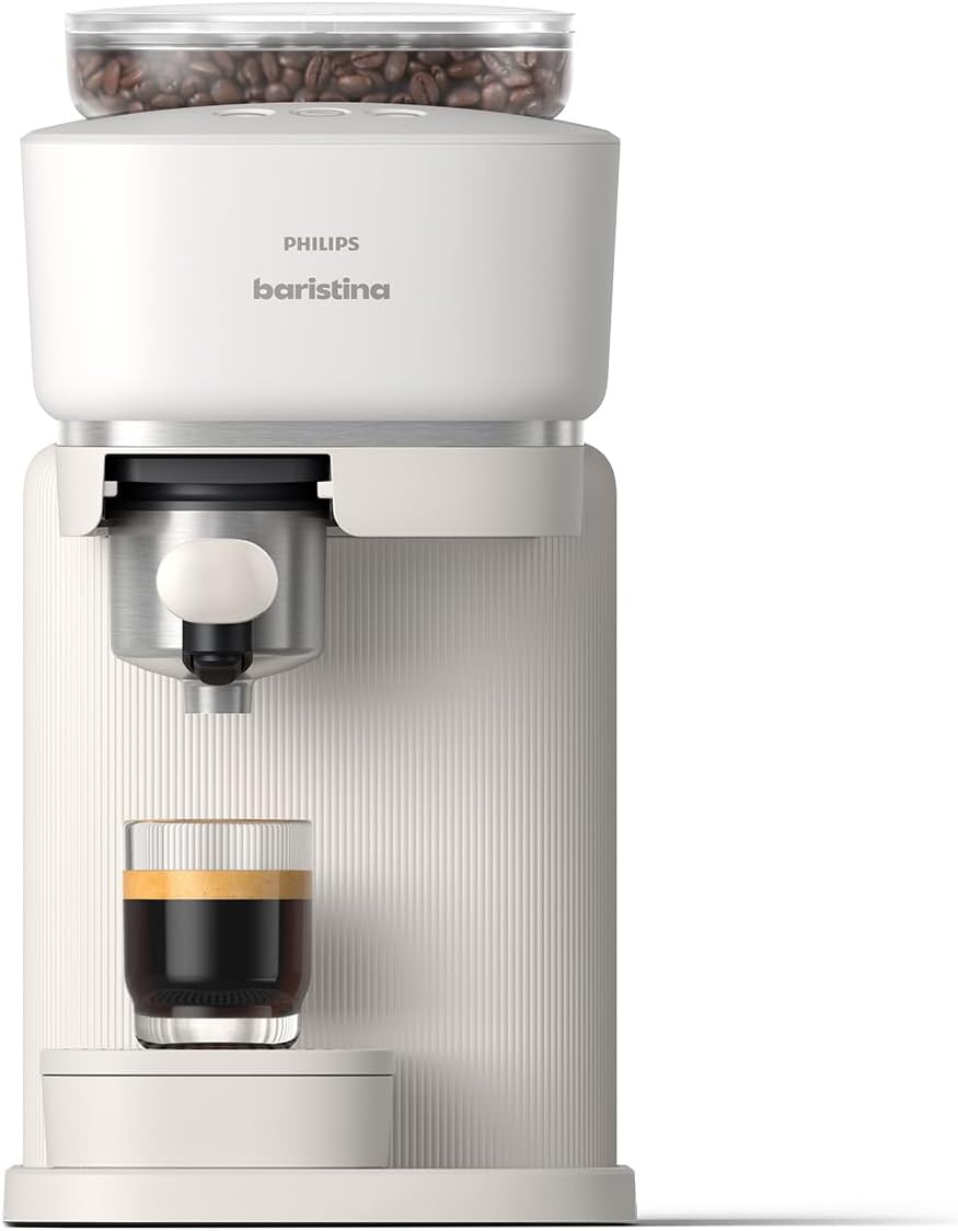 Philips Baristina Espressomaschine - Real Espresso, made simple, Kompakte Kaffeemaschine, Naturweiß mit naturweißem Siebträger, 16-bar-Pumpendruck, automatisches Mahlwerk, Cafe Crema (BAR300/00)