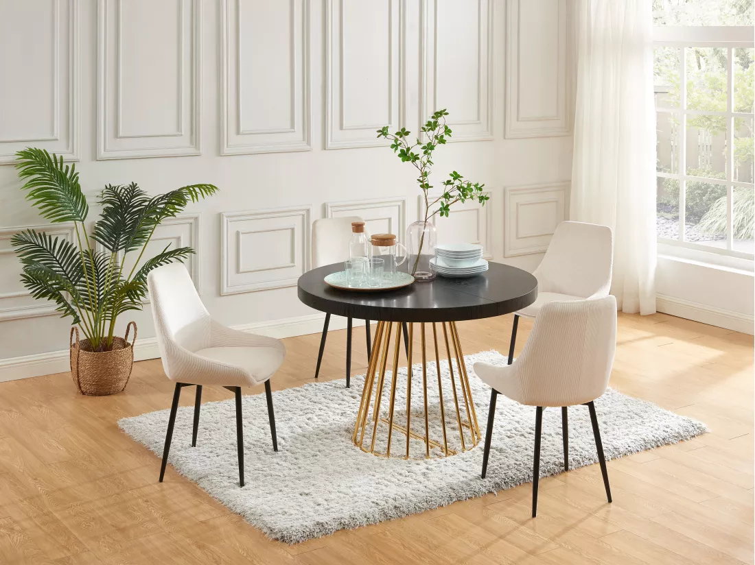 Table à manger extensible 2 à 12 personnes en MDF et acier - Noir et doré - FIRELA