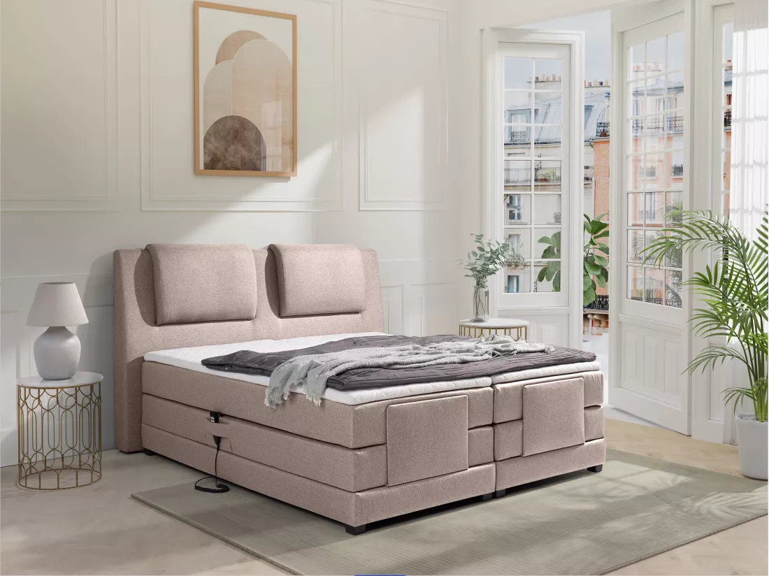 Ensemble complet boxspring tête de lit + sommiers relaxation électrique + matelas + surmatelas - 2 x 90 x 200 cm - Tissu - Beige - CASTEL II de PALACIO