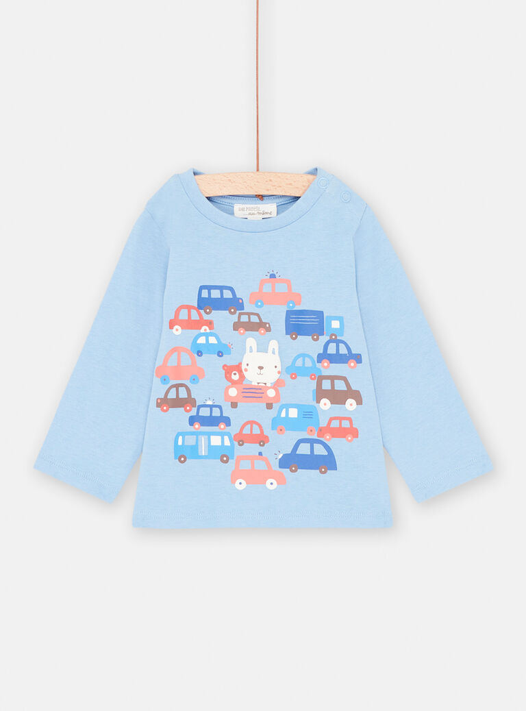 T-shirt bleu à motifs voitures et animaux bébé garçon