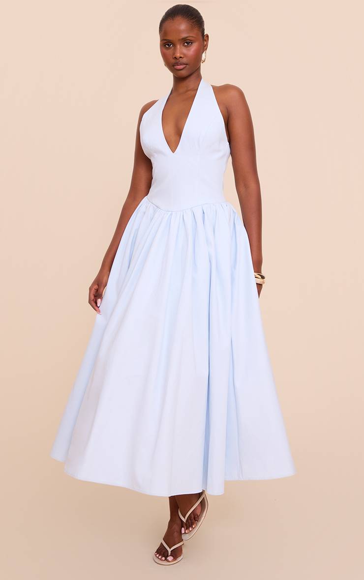 Bleu Clair Robe Midaxi À Pois Froncée Avec Col Licou Et Détail Noué