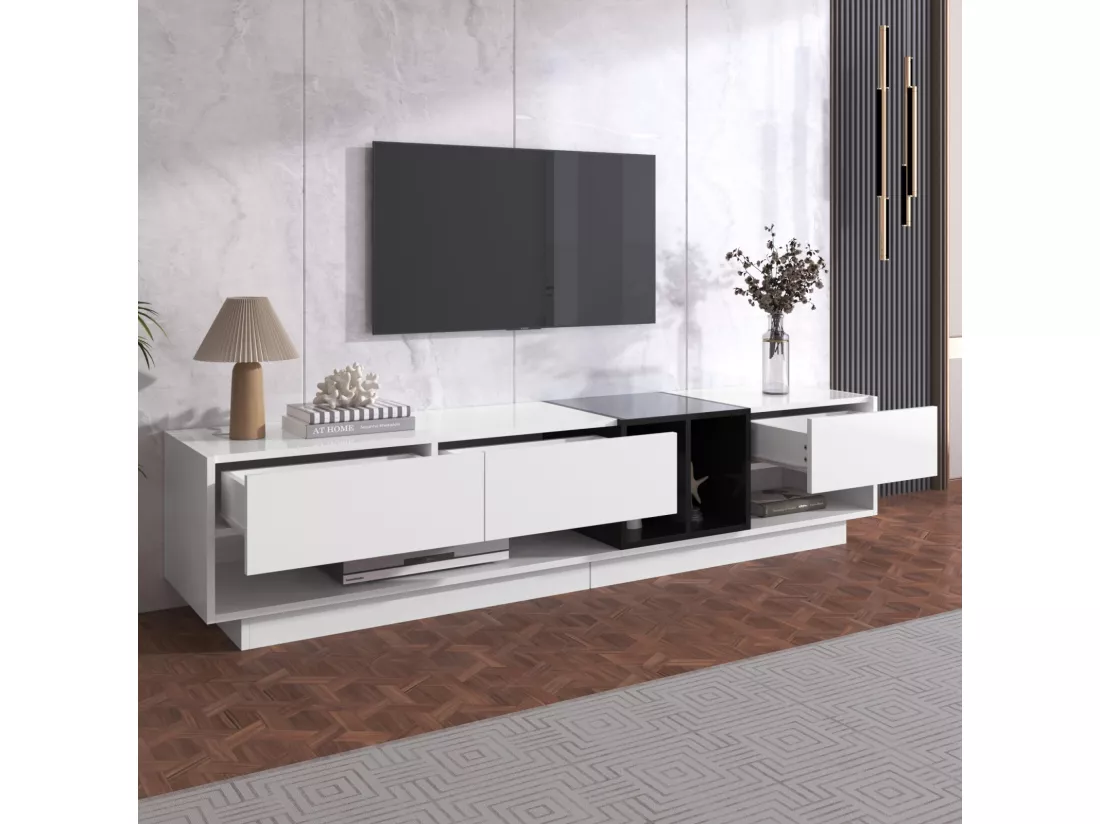 Meuble TV avec 3 tiroirs et 4 niche - Blanc et Noir - Panneaux de particules - 190x34x40cm