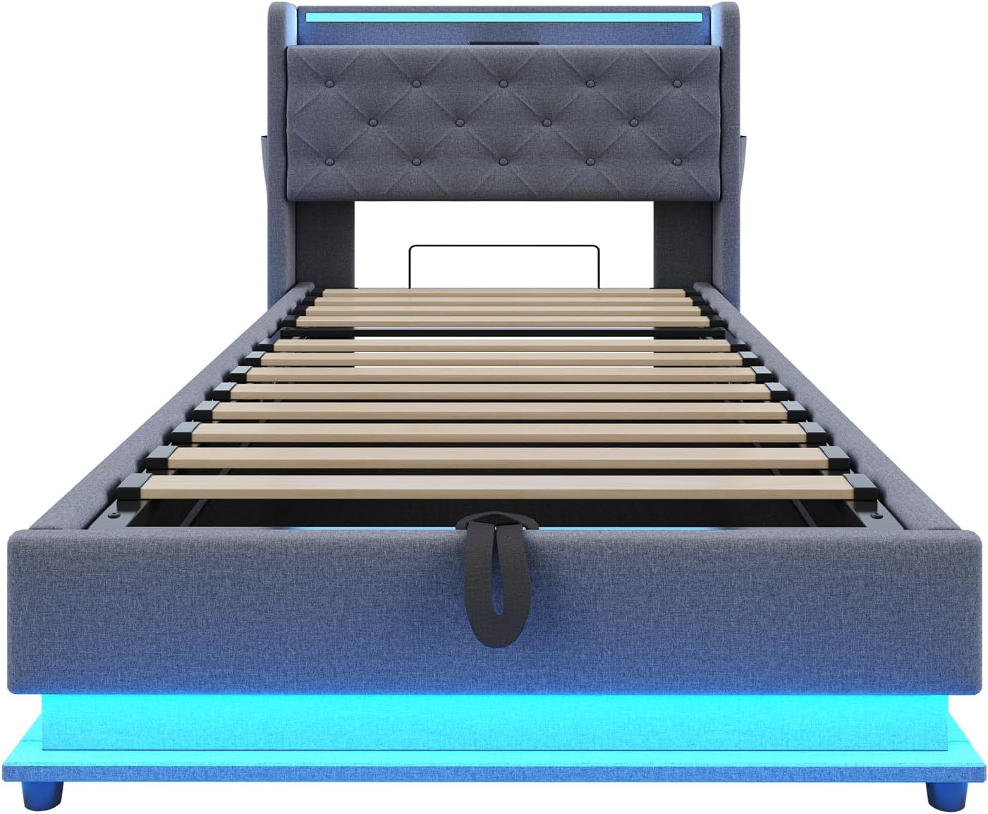 Merax Kinderbett Polsterbett 90x200 cm Einzelbett mit hydraulischem Bettkasten, LED Beleuchtung & USB Type-C, aufklappbarem Kopfteil & Handytaschen, Leinenstoff Grau, ohne Matratze