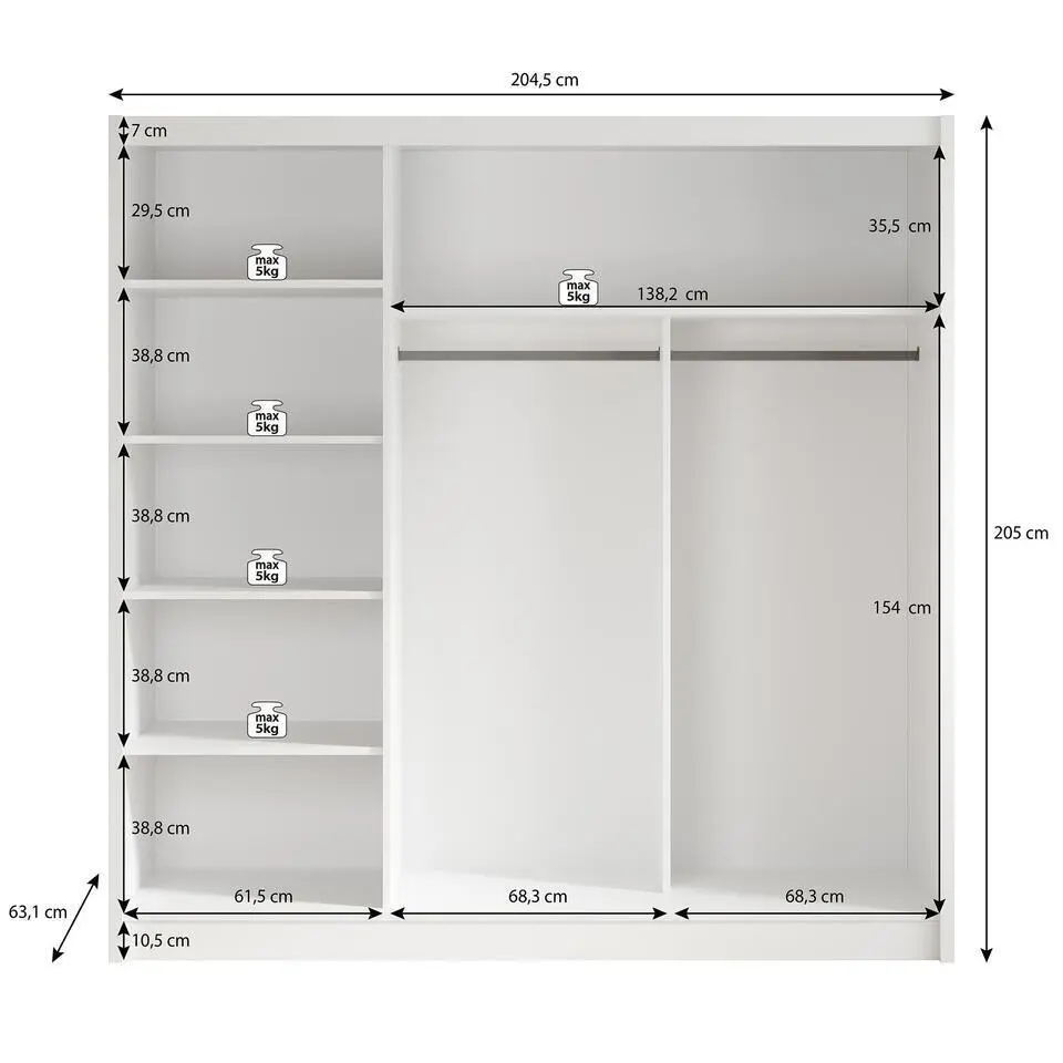 Meubella - Kledingkast Alcamo 2 - Wit - 205 cm - Met spiegel