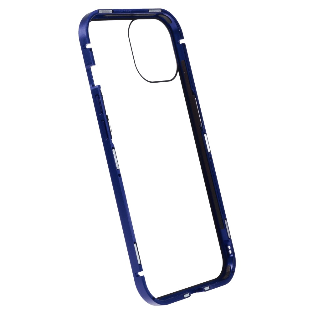 iPhone 14 Magnetische Alu Schutzhülle mit Panzer Glas Backcover   Privacy Glas Displayschutz (Magnet-Technologie) - Dunkelblau