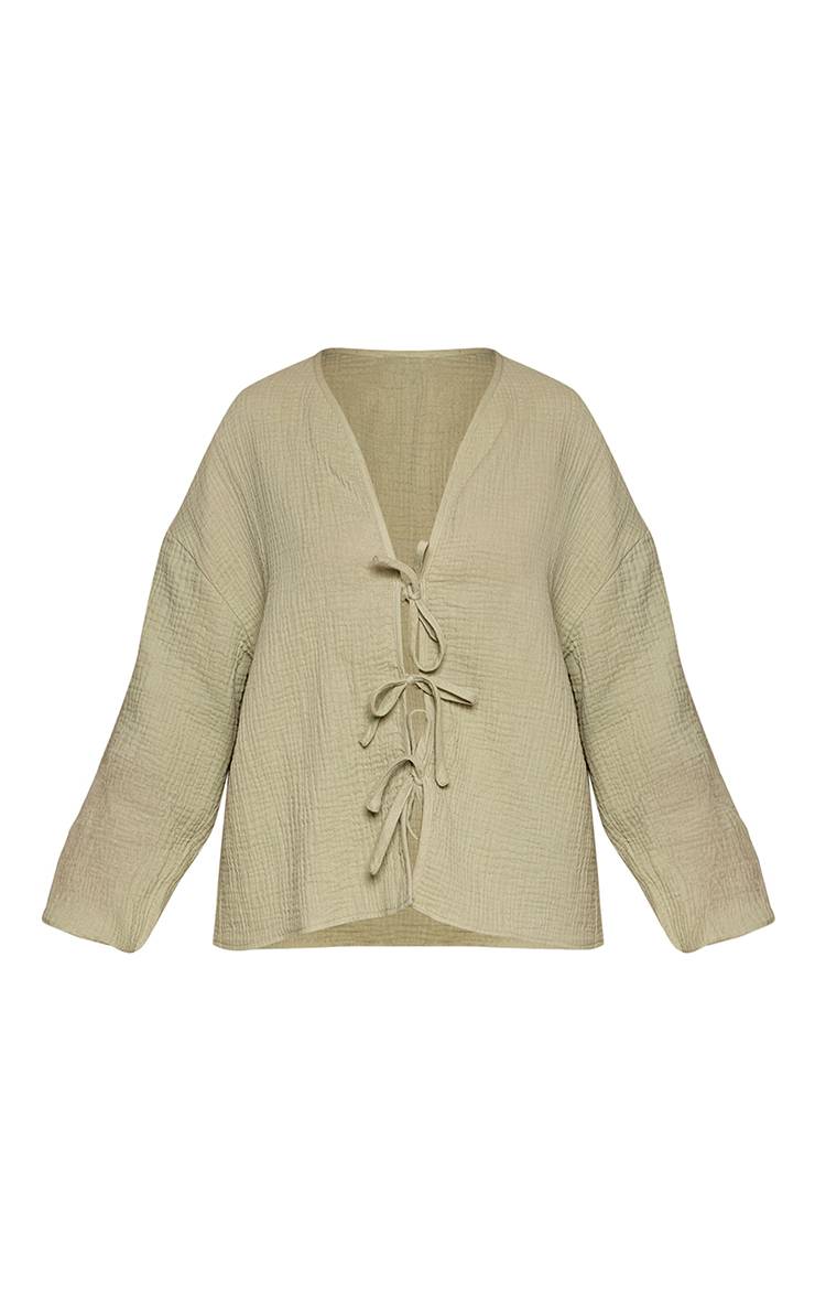Vert Sauge Chemise Coordonnée Petite À Texture Étamine Avec Nœud Devant