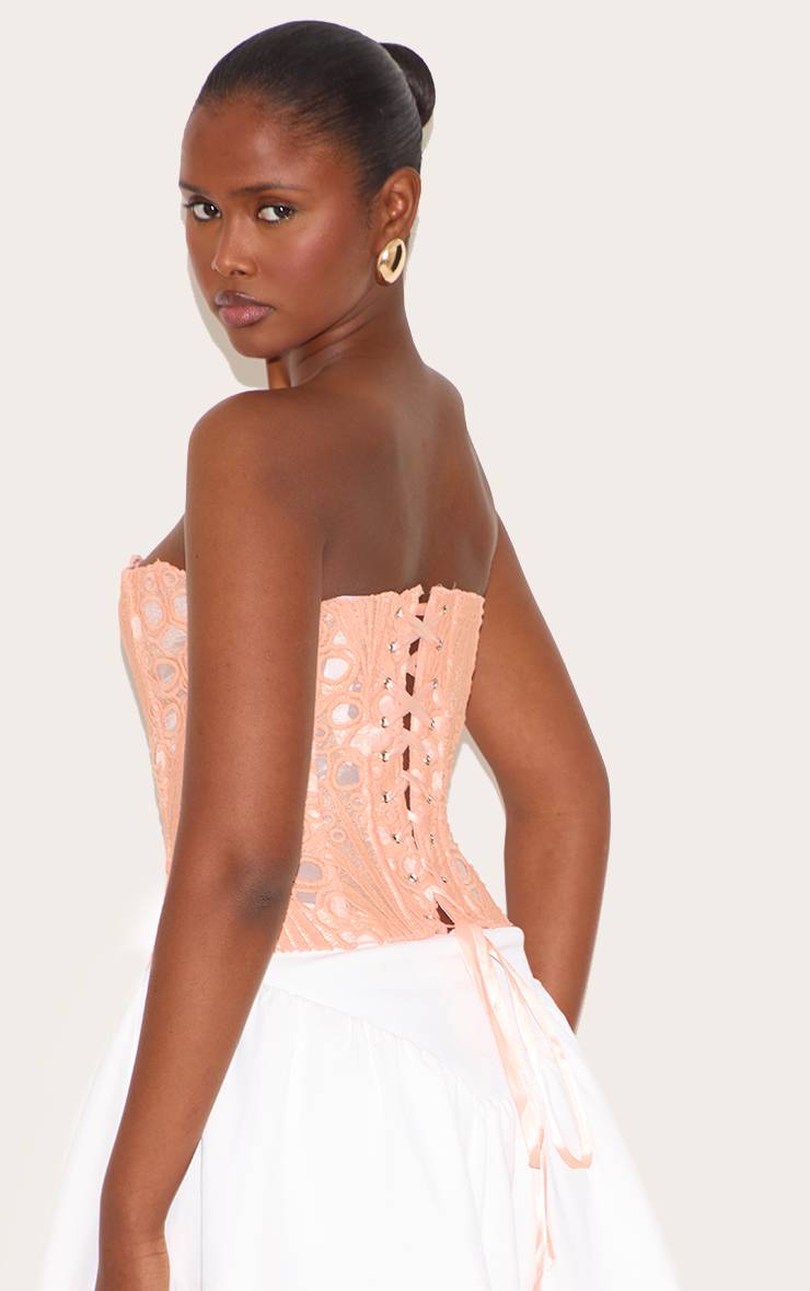 Pêche Corset En Dentelle Florale Transparente Texturée