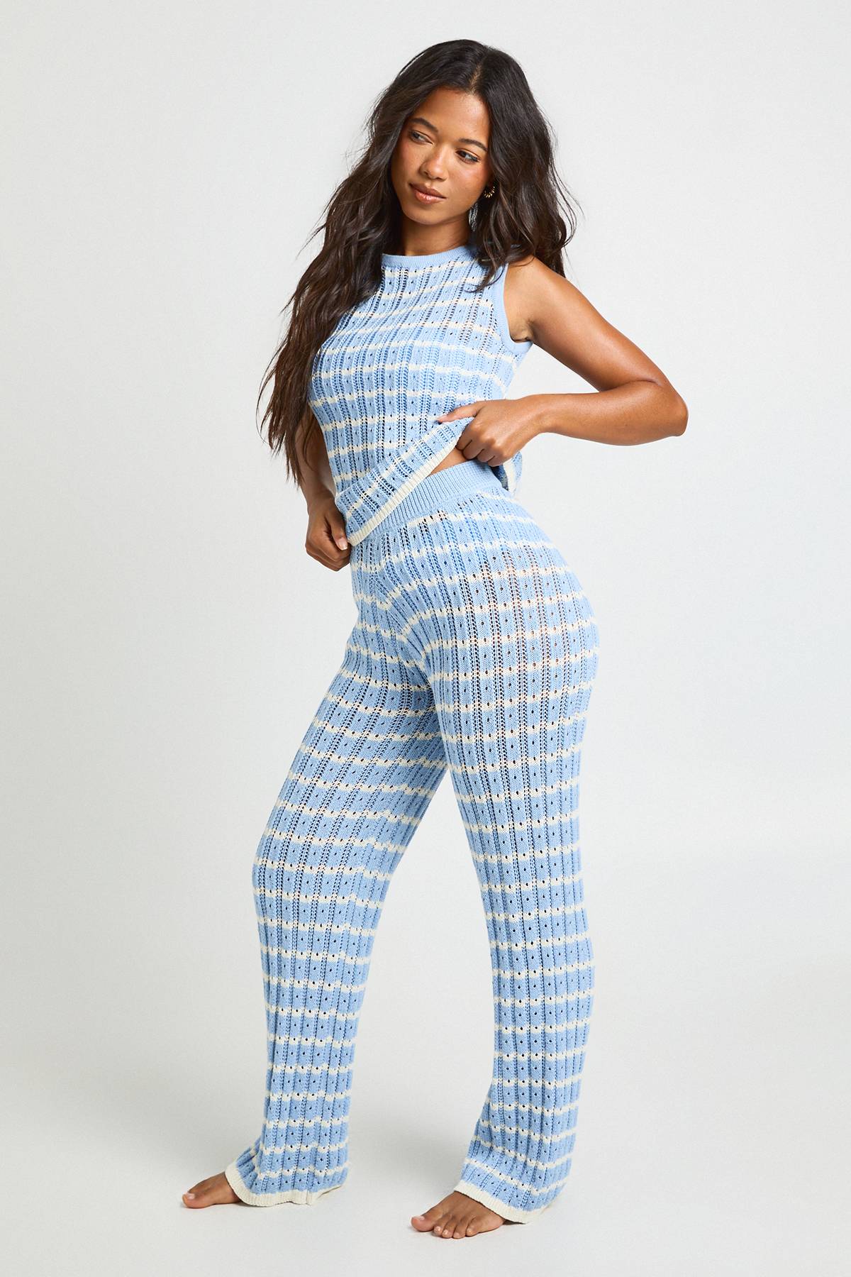 boohoo Ensemble Coordonné Haut En Maille À Rayures Crochet Et Pantalon Large