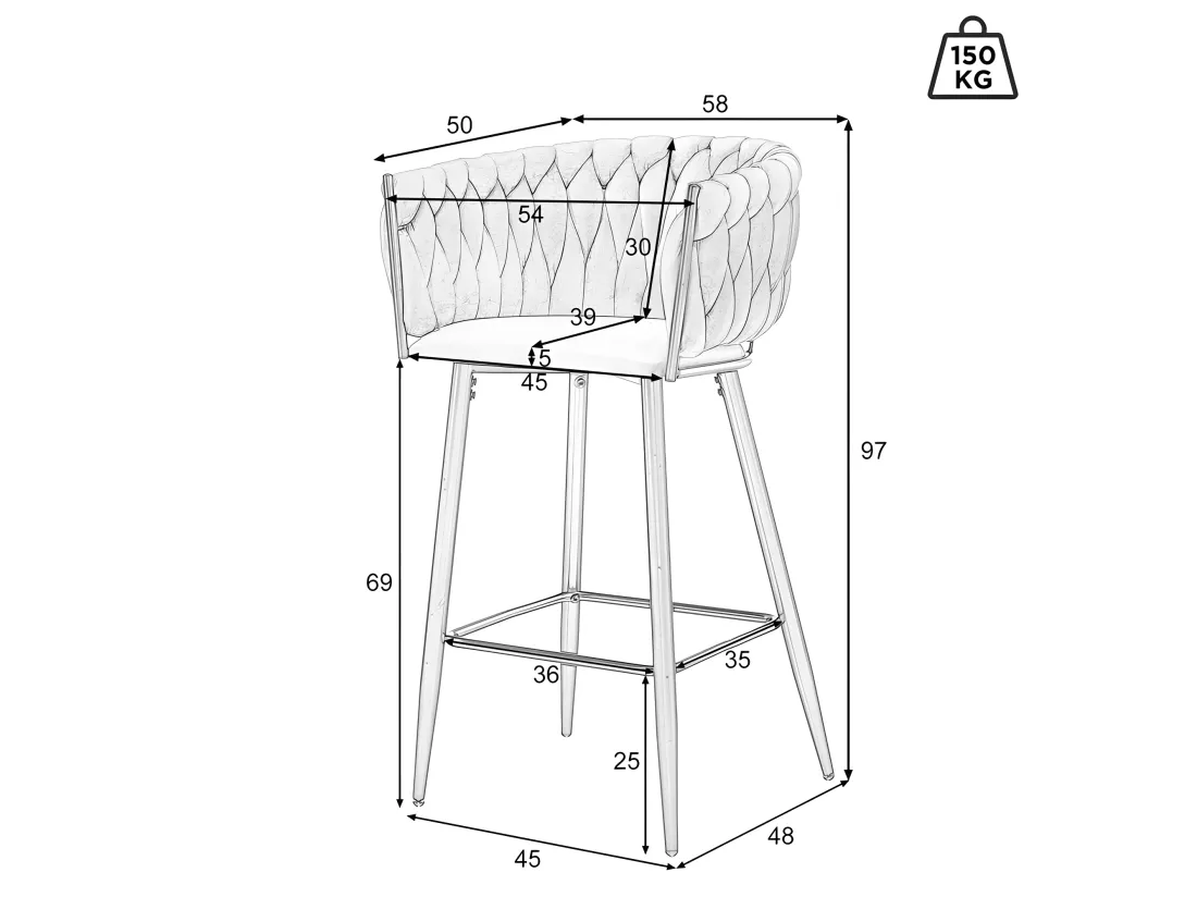 Lot de 4 Tabourets de bar - tissu en velours - pieds en métal - Gris