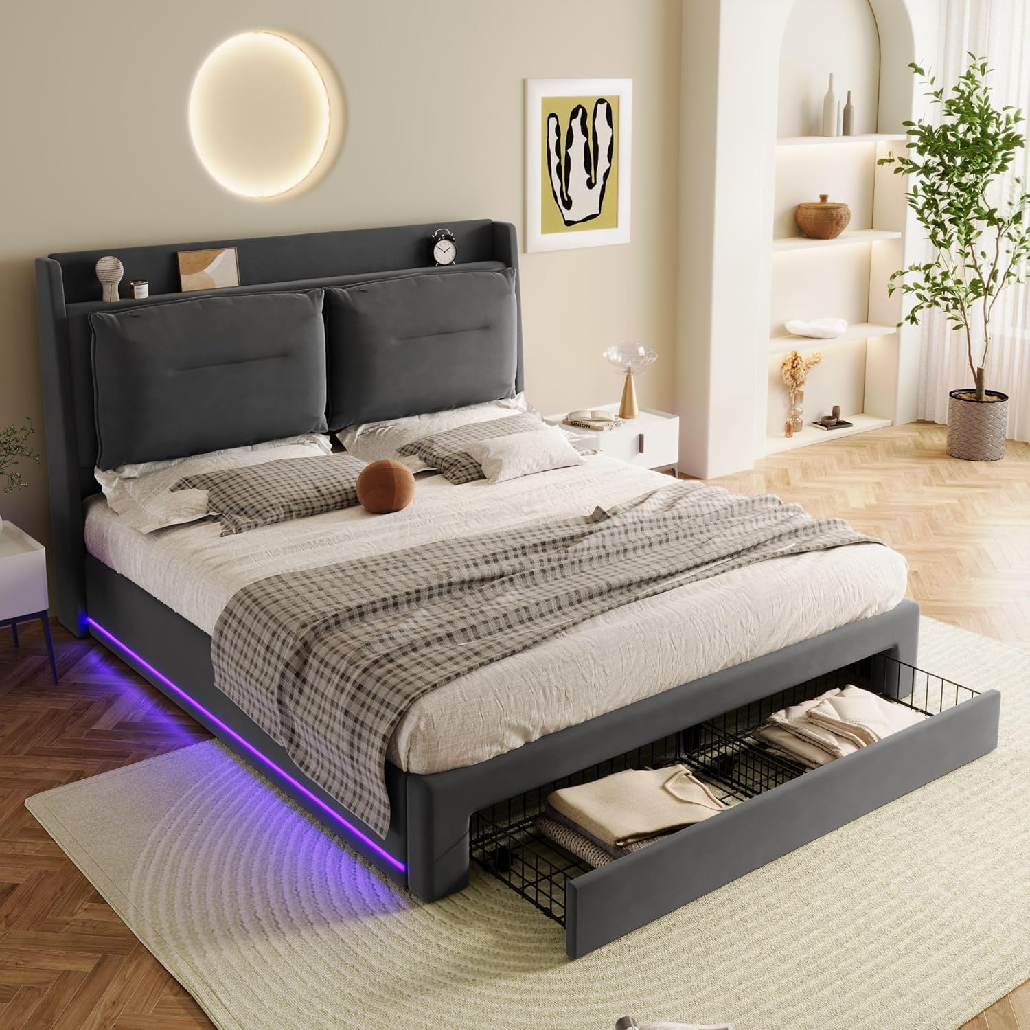 Bett 180x200cm, Polsterbett mit LED Licht und Schublade, Hydraulisches Bettgestell mit Stauraum, Oberfläche aus Samt, Doppelbett mit Lattenrost, ohne Matratze, Grau