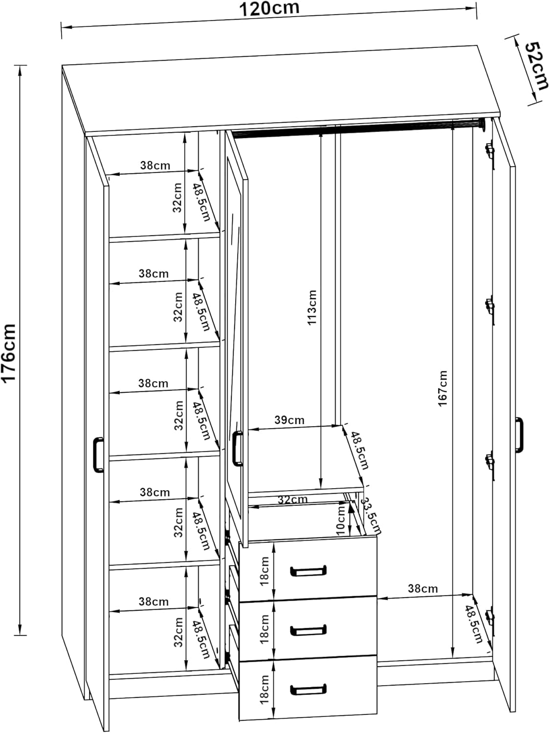 [en.casa] Kleiderschrank Bodolz Schrank mit 3 Türen Garderobenschrank mit Spiegel 176 x 120 x 52 cm Schlafzimmerschrank 1 Kleiderstange 3 Schubladen 5 Fächer Sonoma-Eiche