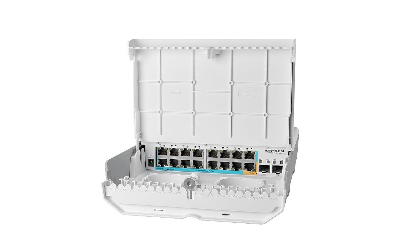 GPEN PoE Switch netPower 15FR, Outdoor, 18 Port<br>Mikrotik 18-Port-Switch für den Aussenbereich mit 15 reverse-24Volt passiv PoE-Ports und 2xSFP.