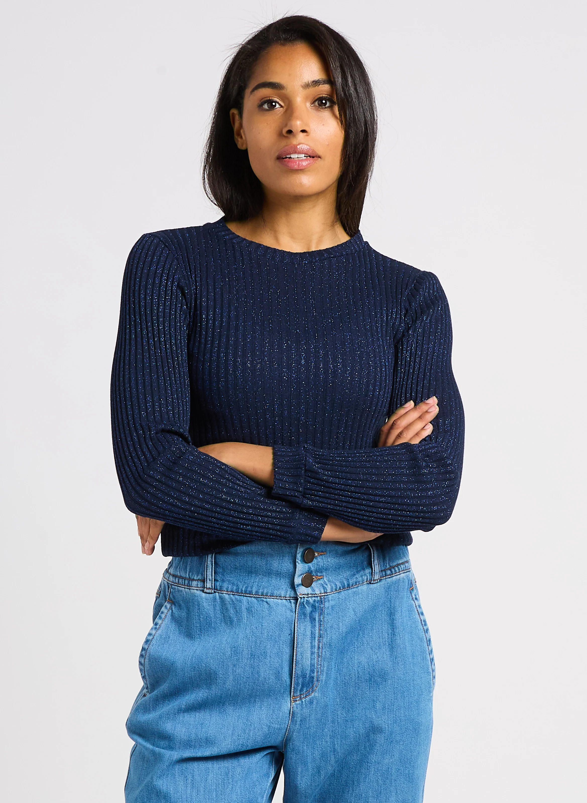 MALENE - Pull col rond en coton mélangé | Bleu