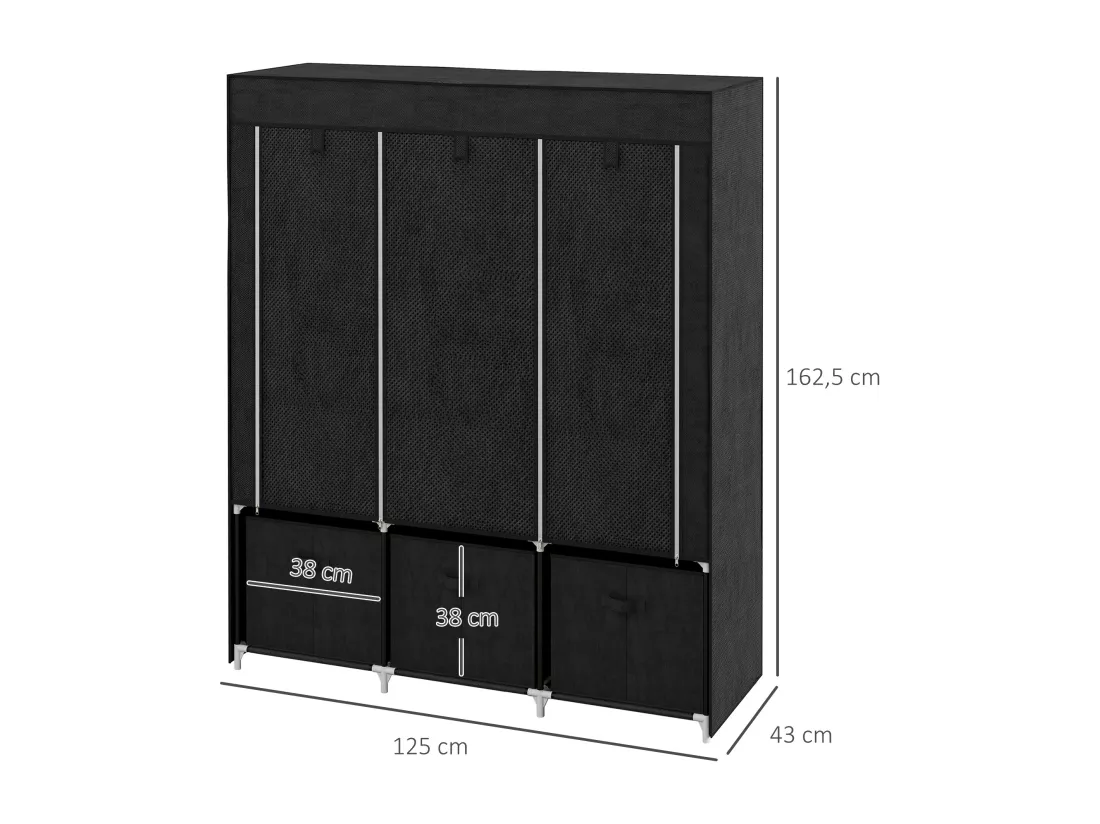 Armoire penderie pliable 5 étagères 2 tringles 3 tiroirs tissu noir