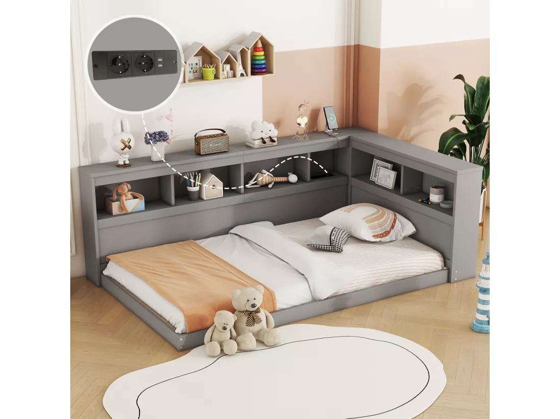 Lit banquette 90x200cm - avec Ports de USB et rangements - Gris