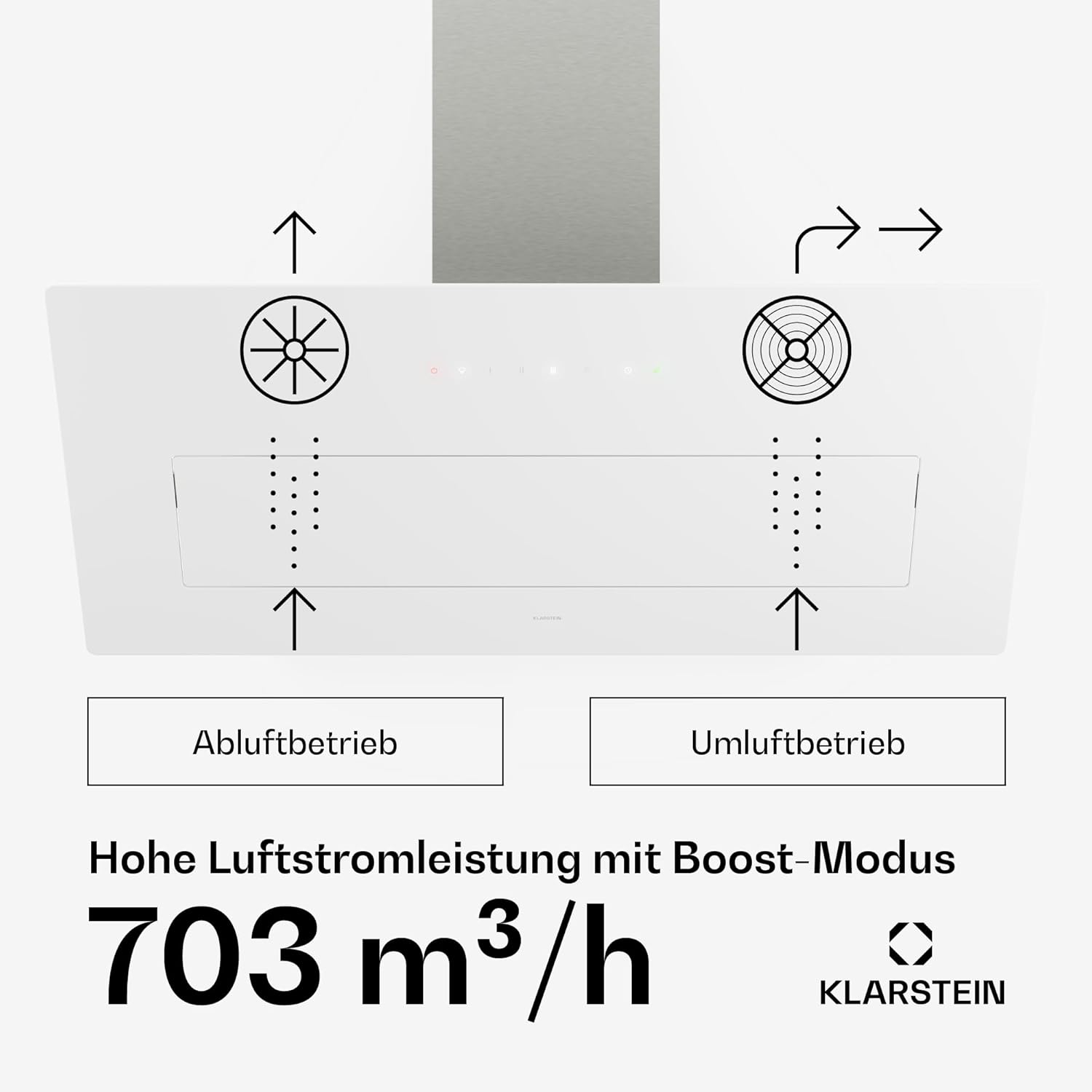 Klarstein SleekAir Dunstabzugshaube - 90 cm Kopffreihaube, 718 m³/h, A++ Energieeffizienz, Touch-Bedienung, LED 2700-6500 K, Weiß, Abluft & Umluft, Leise Eco Home Funktion