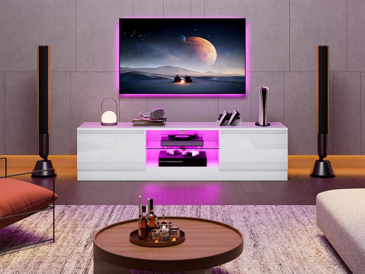 TV Schrank mit 16 Farben LED Beleuchtung und 2 Türen, 160 cm Lang, TV Board, Lowboard Stehend für Fernseher bis zu 70 Zoll, Fernsehtisch für Schlafzimmer, Wohnzimmer, Esszimmer, Schwarz (Schwarz)