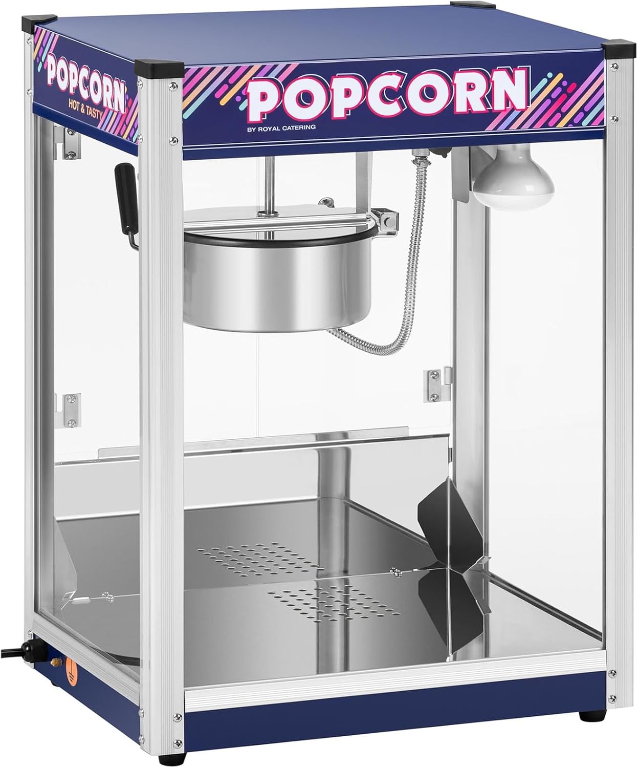 Royal Catering Popcornmaschine Retro-Design in Blau 1500 W 5 kg/h beleuchteter Innenraum entnehmbarer Topf mit Antihaftbeschichtung perforierter Boden Krümelschublade