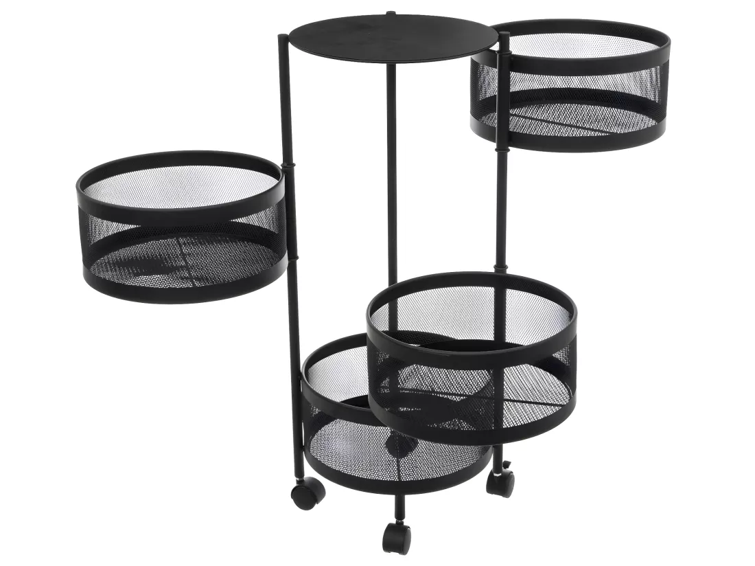Resserre de cuisine 4 Paniers rotatifs sur roues en Métal Noir H 76 cm