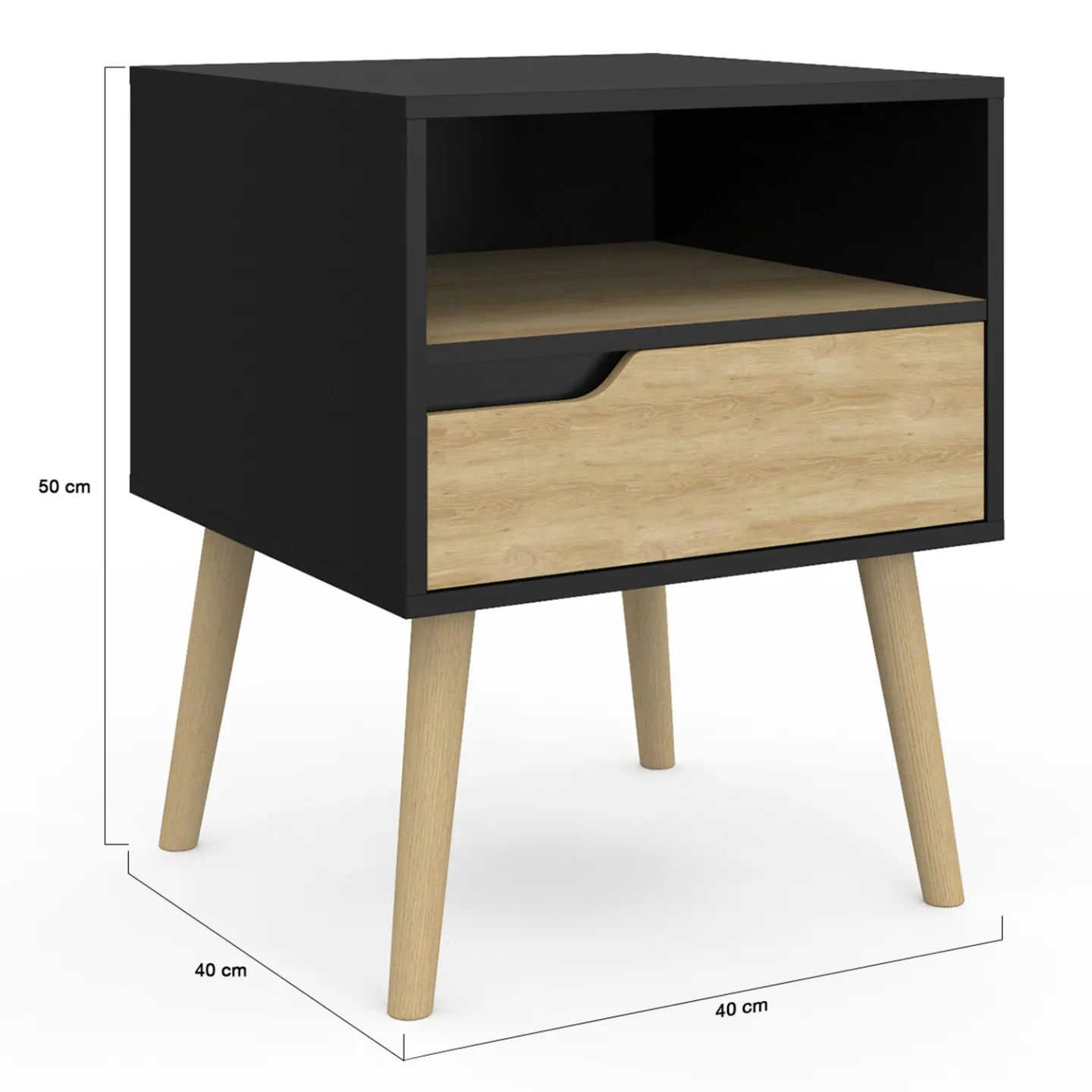 Lot de 2 tables de chevet HELSINKI scandinaves 1 tiroir avec niche noir et effet hêtre