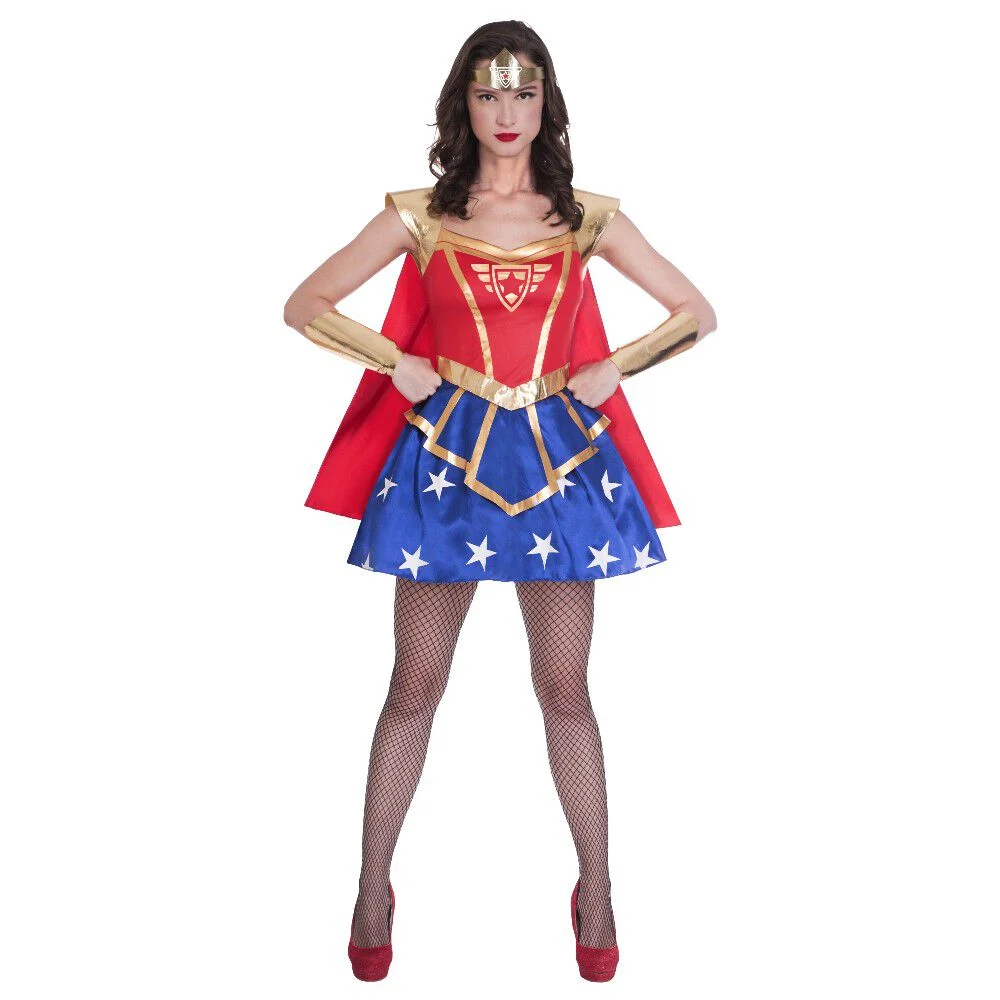 Déguisement femme Super héro robe beue rouge or taille L
