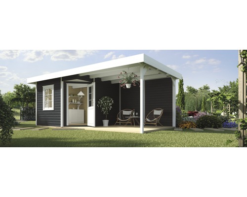 Tuinhuis Weka Designhaus 213 B+, maat 2, met een hoge doorgangsmaat van 195 cm, inclusief vloer en lessenaarsdak, 645 x 358 cm, antraciet.