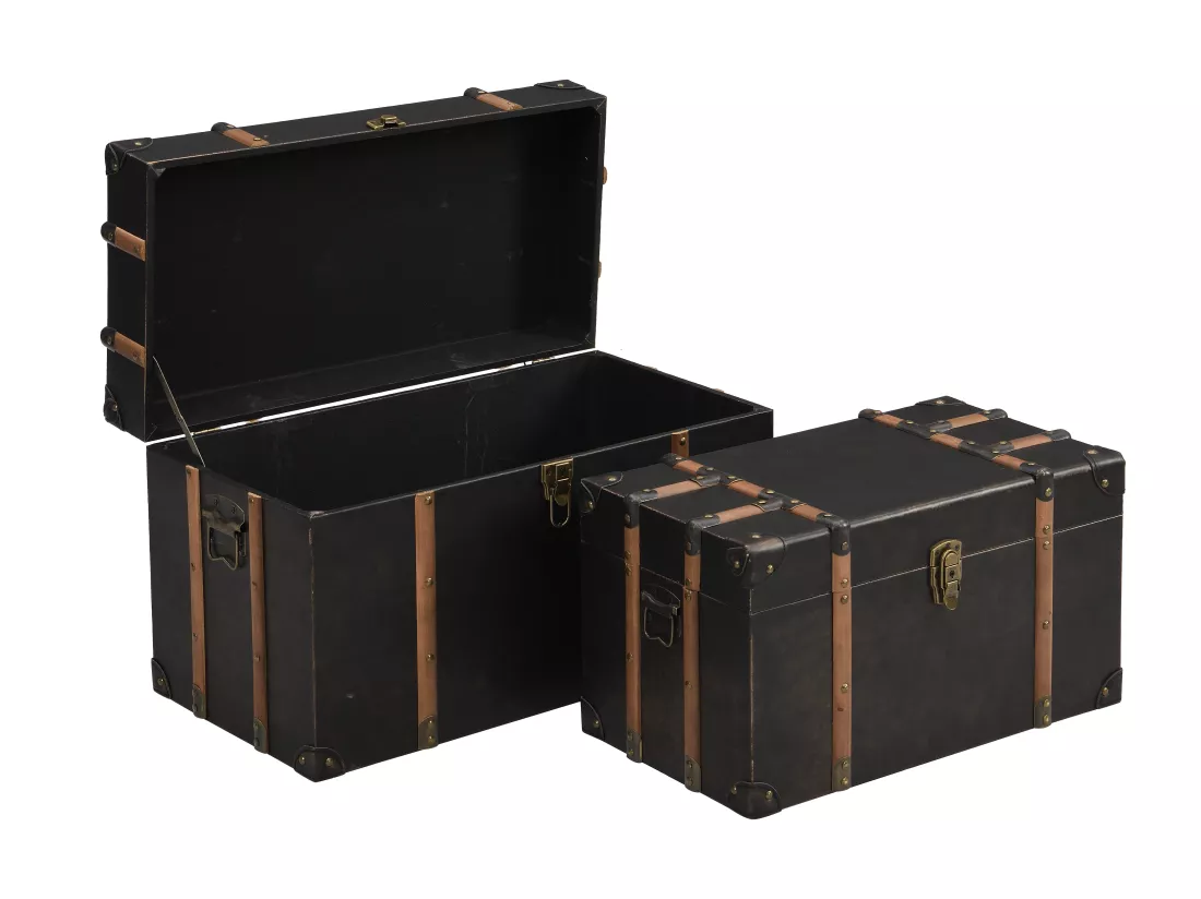 Lot de 2 malles en bois et MDF - Revêtement en simili - L. 64 x P. 39 x H. 34 cm et L. 54 x P. 30 x H. 30 cm - Marron foncé - MAHALIA
