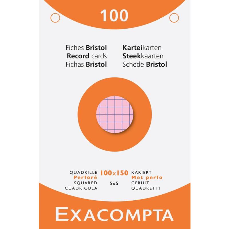 Étui de 100 fiches - bristol quadrillé 5x5 perforé 100x150mm - Couleurs assorties
