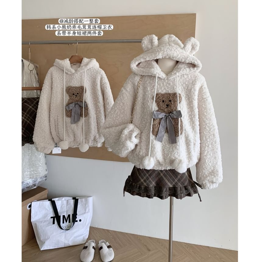 Dute - Set: Fleece hoodie met beerpatroon + geruite mini-A-lijn rok met hoge taille en ruches